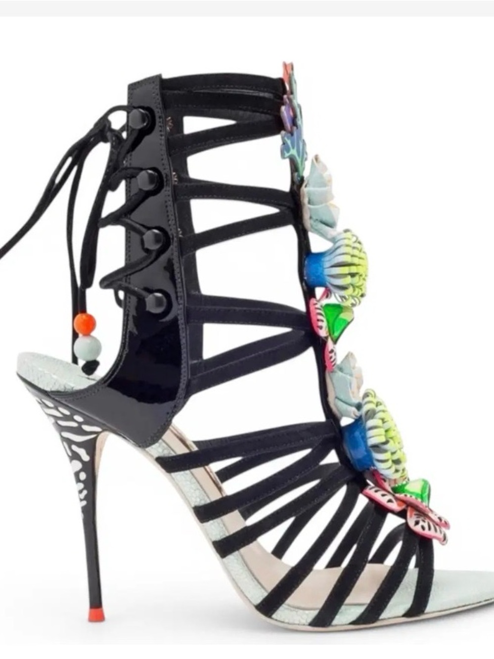 Sophia Webster Black Strappy Heels with Multicolor Floral Embellishments
